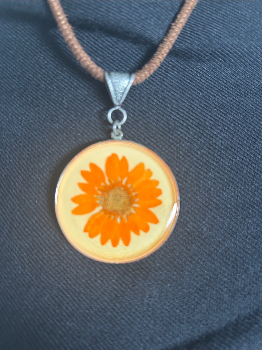 Orange Resin Flower Pendant Necklace with Brown Cord - Picture 2 of 8